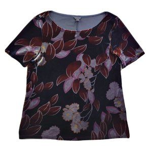 Ann Taylor Women M Navy Velvet Top Brown Leaf Print Round Neck Stretch Dressy SS